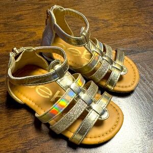BEBE Strappy Zip Sandals Girls Size 6.5 Gold Glittery Designer Sandals